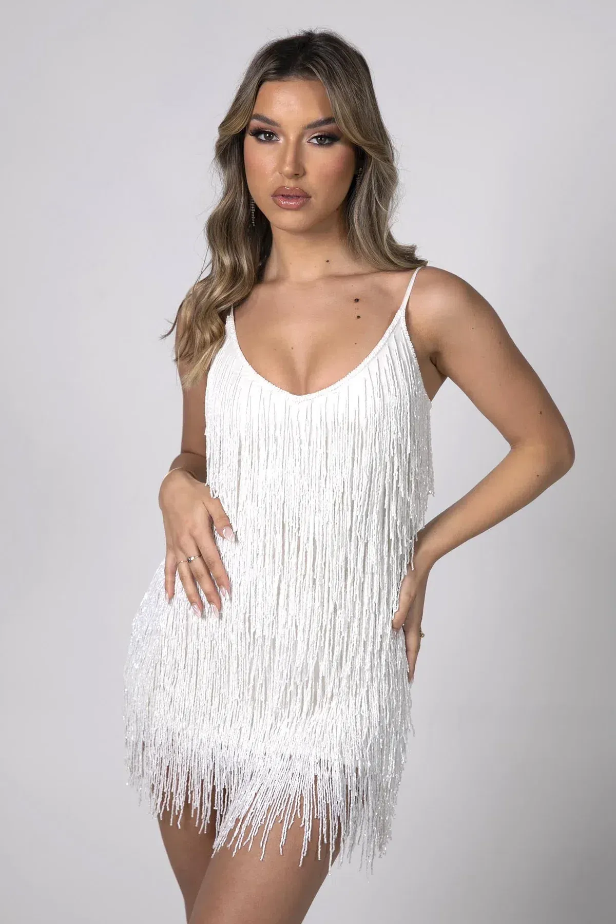 Noodz Boutique Salma Beaded Fringe Mini Dress White Size AU 8 - Image 1