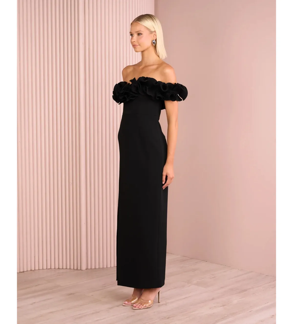 Azzurielle Farley Frill Off Shoulder Gown Black Size 8 - Image 4