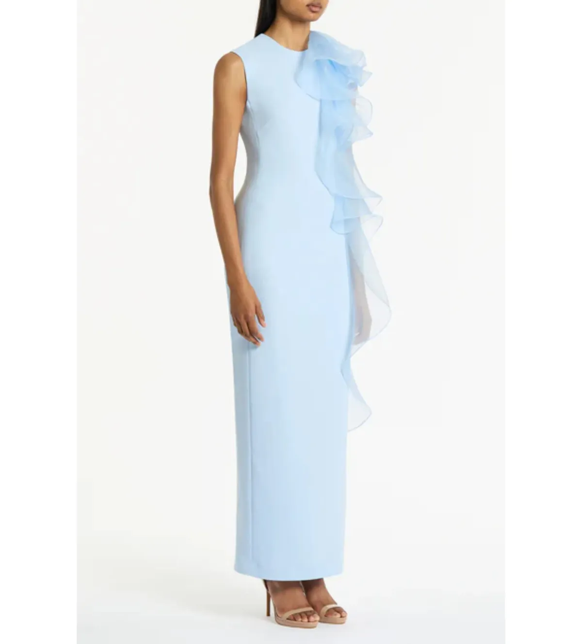 Carla Zampatti  Pale Blue Crepe Ruffle Shoulder Maxi Gown Size 8 - Image 2