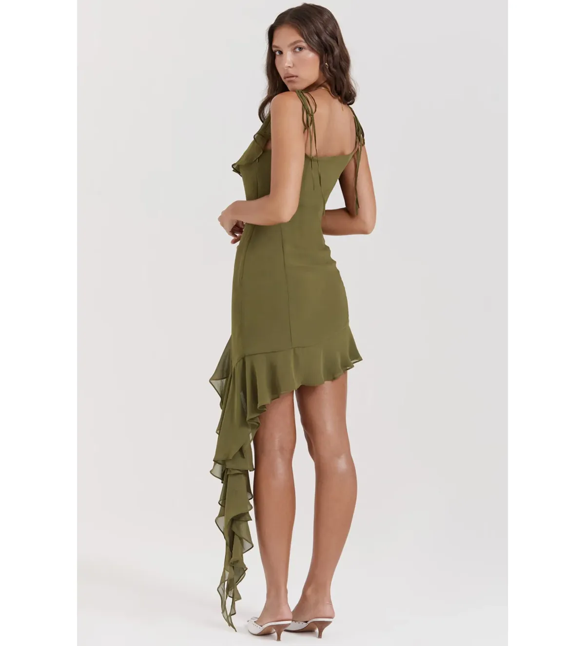 House of CB Marcia Ruffle Mini Dress Olive Size XS/AU 6 - Image 3
