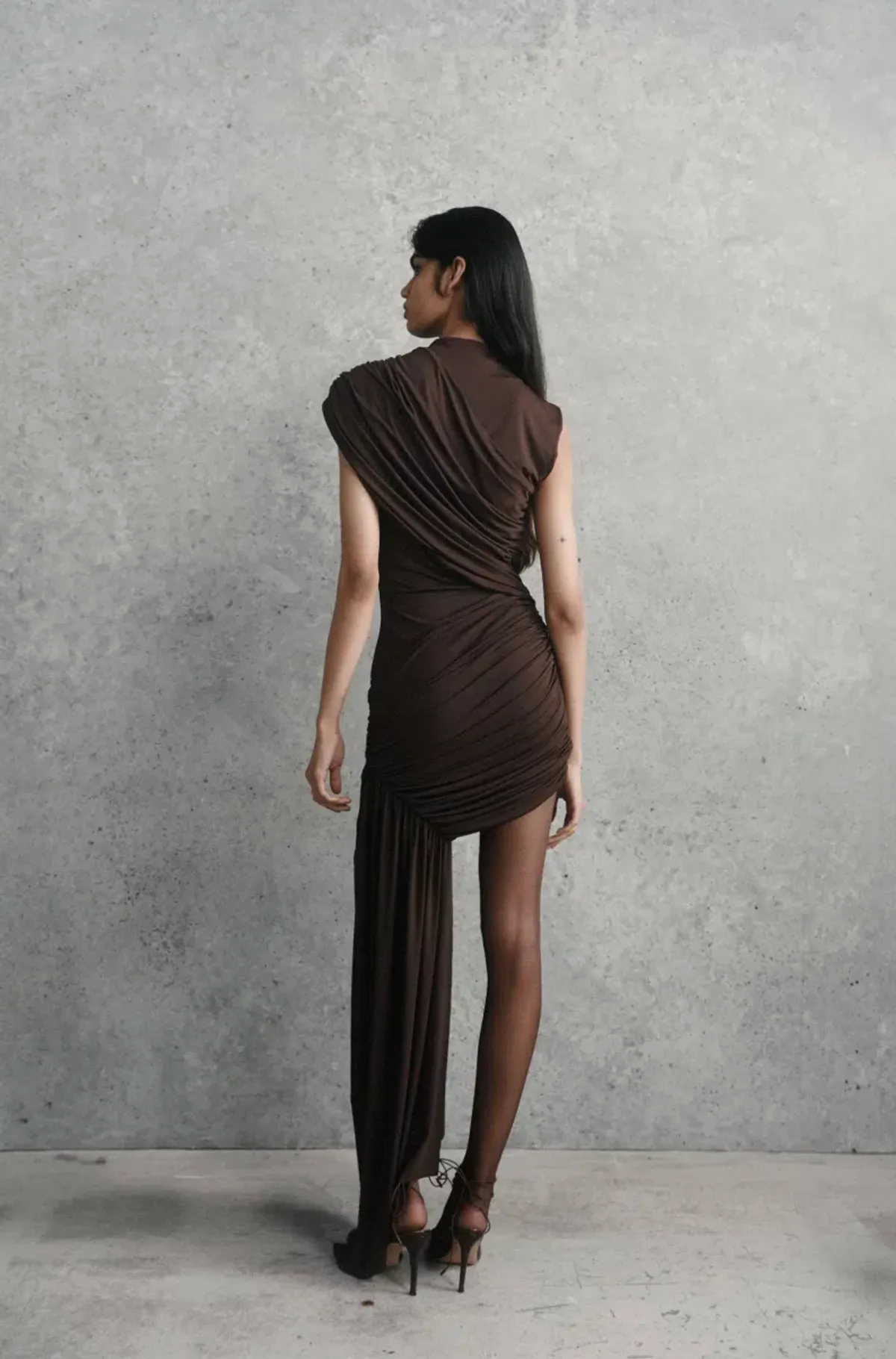 De La Vali Ravenna Draped Jersey Mini Dress in Chocolate Brown Size AU 8 - Image 4