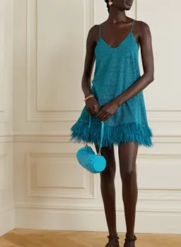 Oseree Lumiere Feather Trimmed Mini Dress Blue Size AU 10 for rent on The Volte - image 2