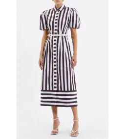 Rebecca Vallance Pippa Puff Sleeve Midi Dress Chocolate Ivory and Light Blue Stripe Print Size 18 for rent on The Volte - image 1