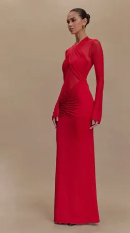 Meshki Tania Slinky And Mesh Long Sleeve Maxi Dress in Red Size 6 for rent on The Volte - image 2