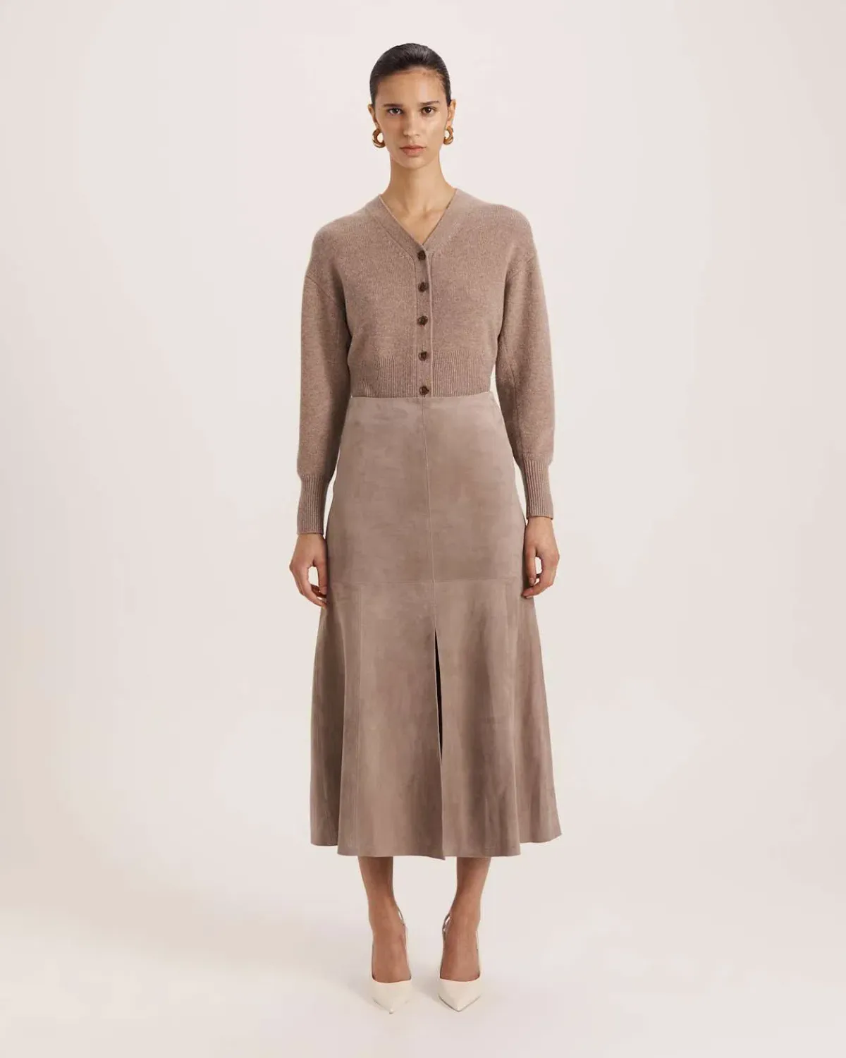 Saba Nadia Suede Leather Midi Skirt Mink Size AU 6 - Image 1