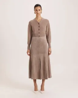 Saba Nadia Suede Leather Midi Skirt Mink Size AU 6 for rent on The Volte - image 1