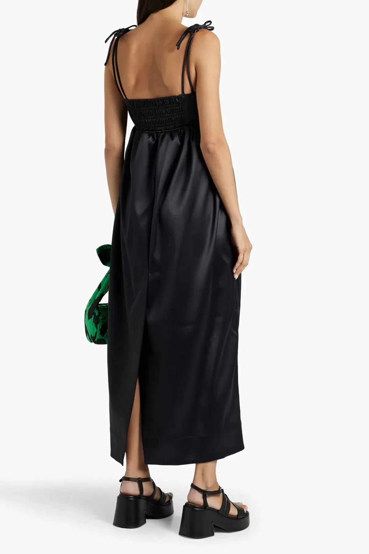 Ganni Gathered Satin Midi Dress Black Size AU 6 - Image 2