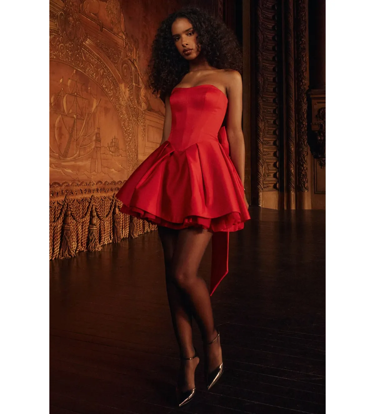 House Of CB Salome Satin Detachable Bow Mini Dress Holly Red Size L/AU 12 - Image 1