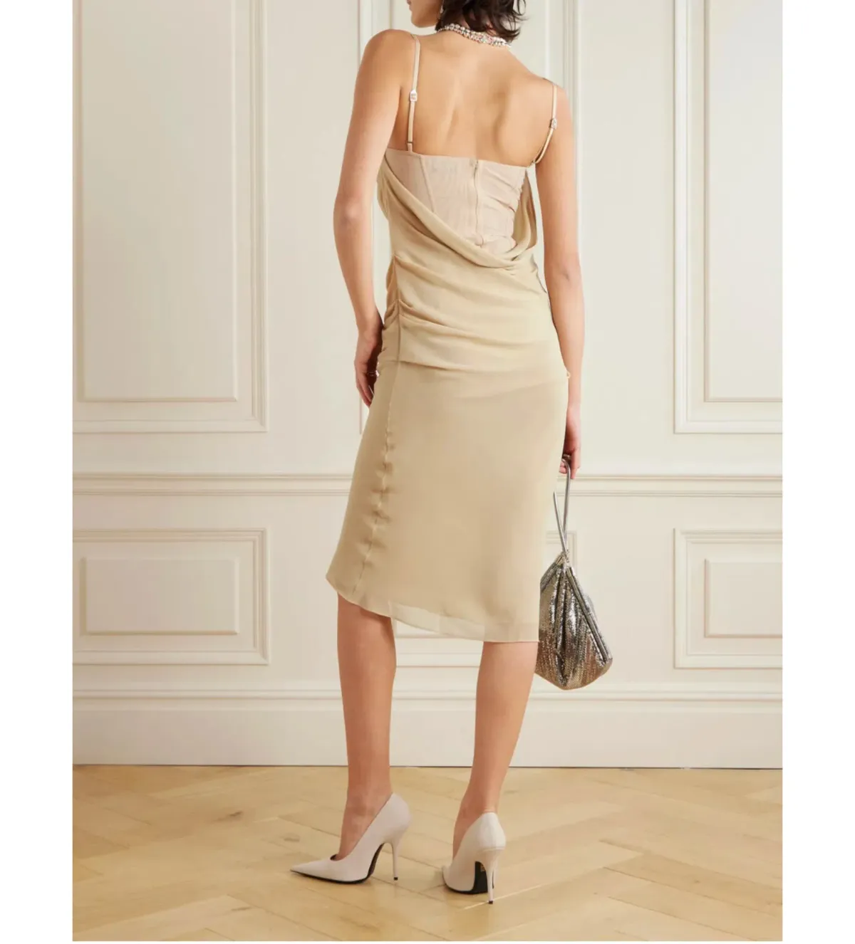 The Attico Crystal Embellished Draped Crepe Bustier Midi Dress Beige Size 8 - Image 4