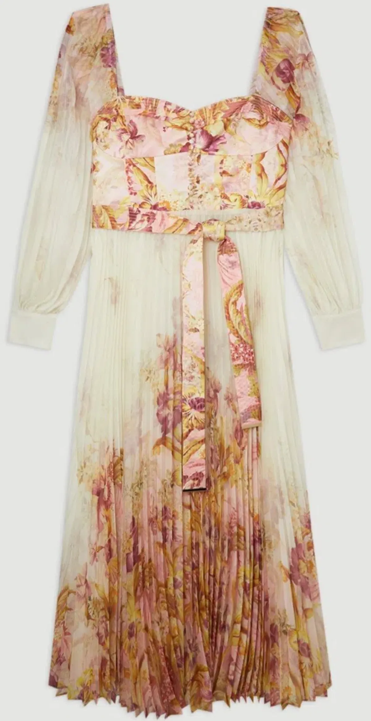 Karen Millen Border Print Floral And Satin Bodice Pleat Woven Maxi Dress Size AU 22 - Image 4