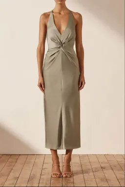 Shona Joy Luxe Twist Front Halter Midi Dress Eucalyptus Size 8 for rent on The Volte - image 1