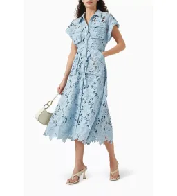 Leo Lin Lace Pocket Shirt Midi Dress Powder Blue Size AU 10 for rent on The Volte - image 3