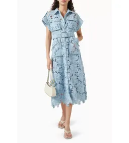 Leo Lin Lace Pocket Shirt Midi Dress Powder Blue Size AU 10 for rent on The Volte - image 1