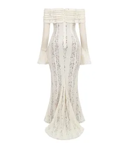 House of CB Belle Vintage Cream Floral Lace Off Shoulder Maxi Dress - Size L / AU 8-10 for rent on The Volte - image 5