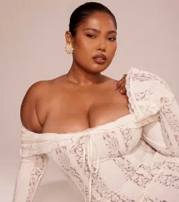 House of CB Belle Vintage Cream Floral Lace Off Shoulder Maxi Dress - Size L / AU 8-10 for rent on The Volte - image 2