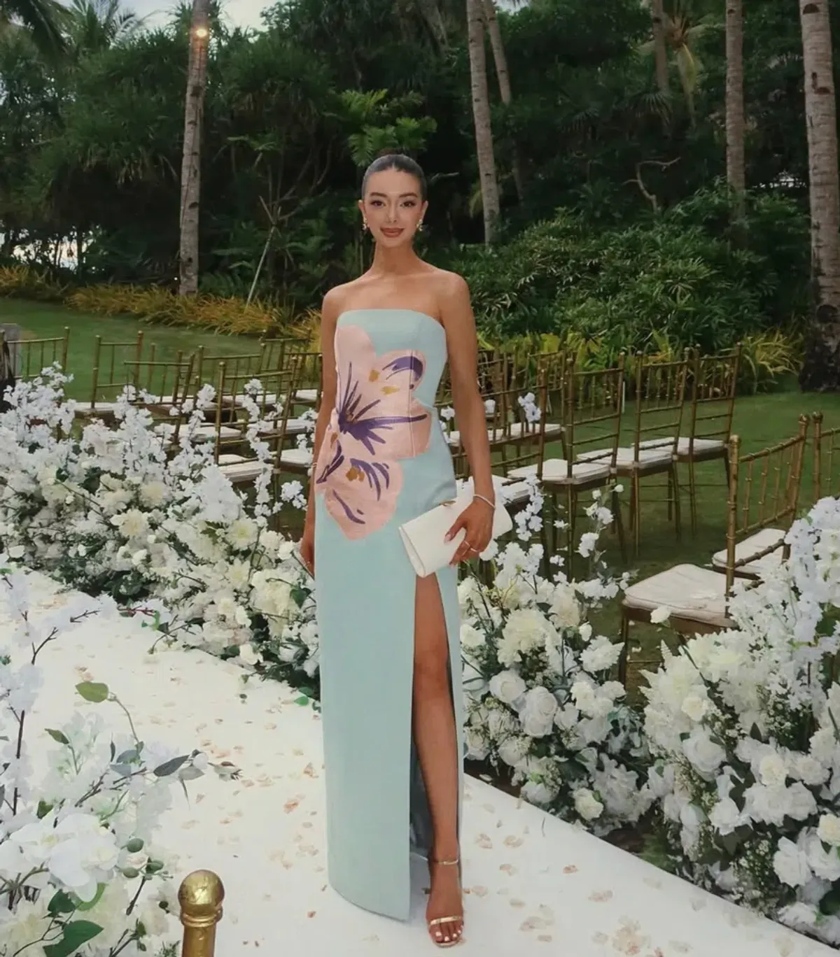 Leo Lin Clémence Embroidered Split Maxi Dress in Hibiscus in Pistachio Size AU 14 - Image 1