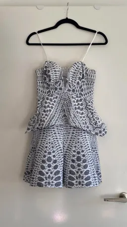 Thurley – Peplum Dress – Mini – Grey and White – Size 6  for rent on The Volte - image 1