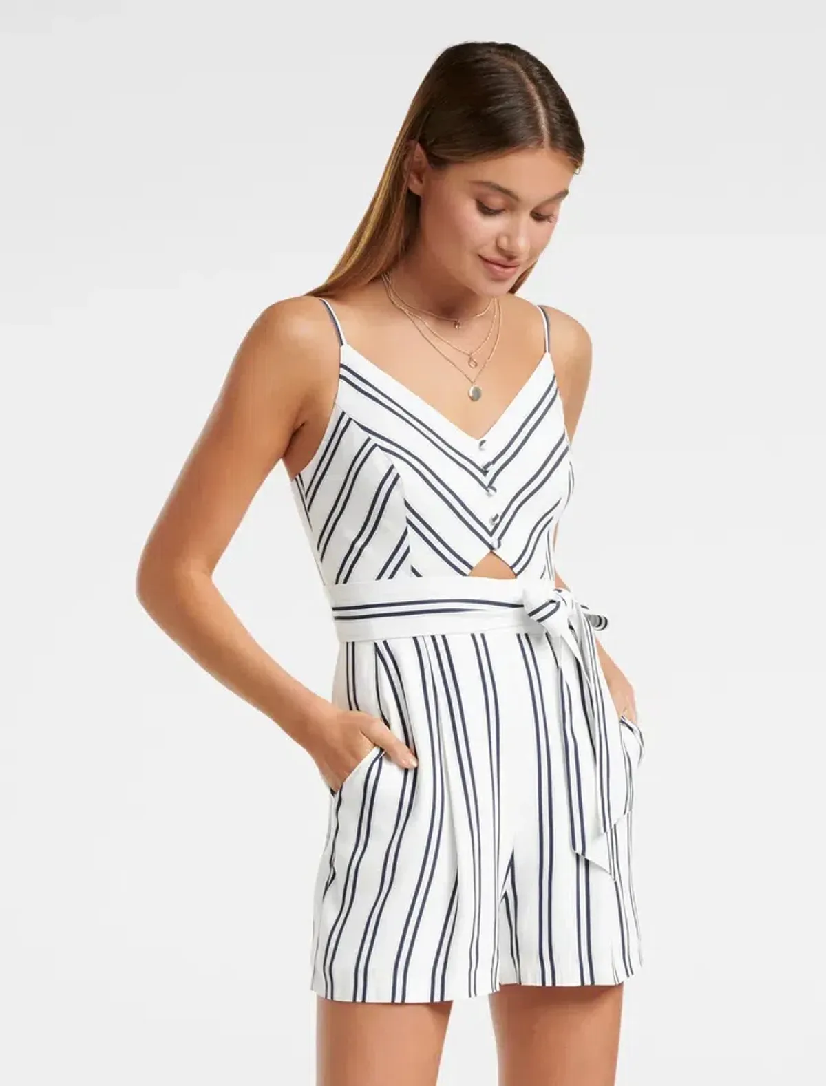 Forever New Sidney Stripe Playsuit White and Navy Size 6 - Image 1