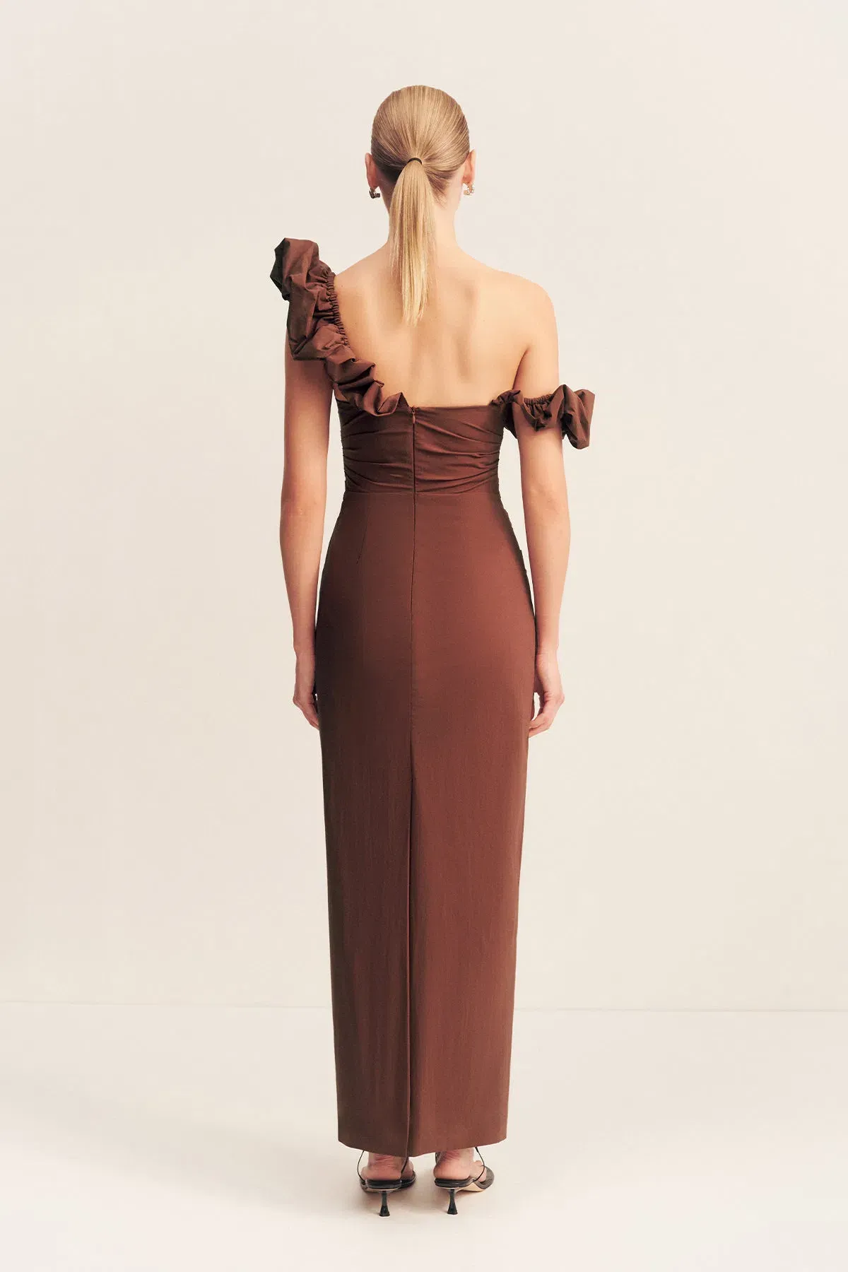 Shona Joy Campbell Ruffle Draped Maxi Dress in Espresso Size 14 - Image 3