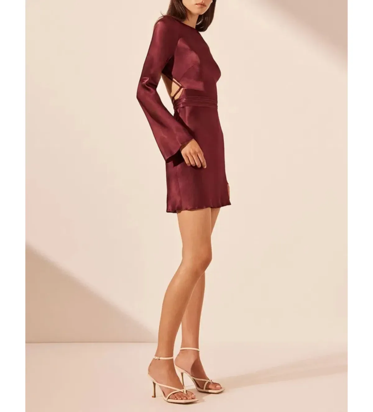 Shona Joy Elia Long Sleeve Open Back Tie Mini Dress Burgundy Size 10 - Image 3