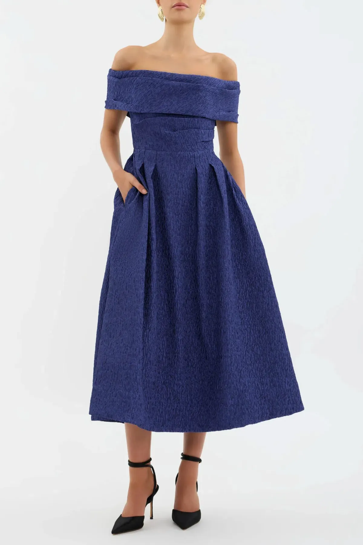 Rebecca Vallance Helene Off Shoulder Midi Dress Blue Size 10 - Image 1