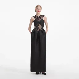 Self-Portrait Lace-trim Taffeta Maxi Dress in Black Size 8 for rent on The Volte - image 2