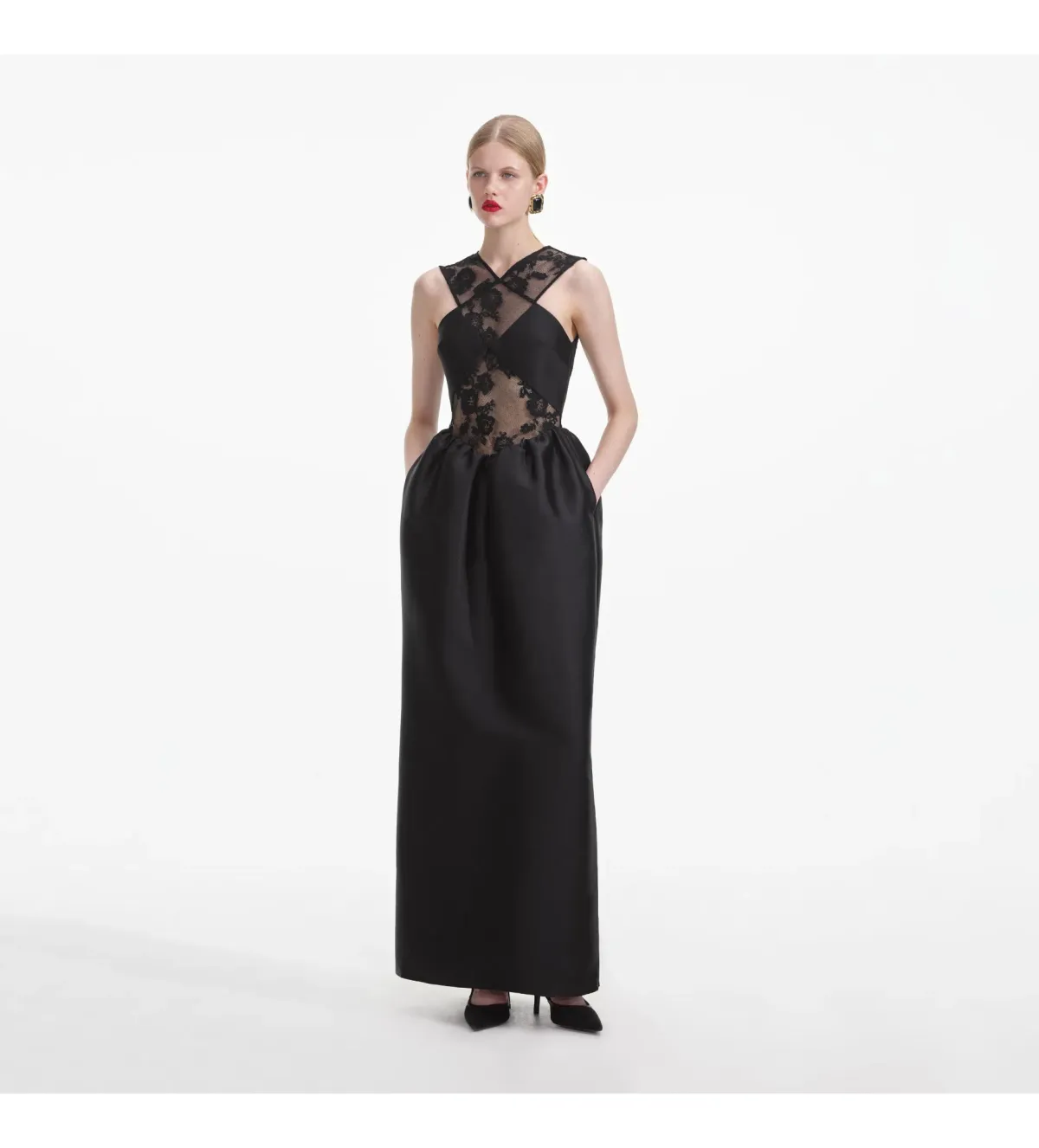 Self Portrait Lace Taffeta Maxi Dress in Black Size 12 - Image 2