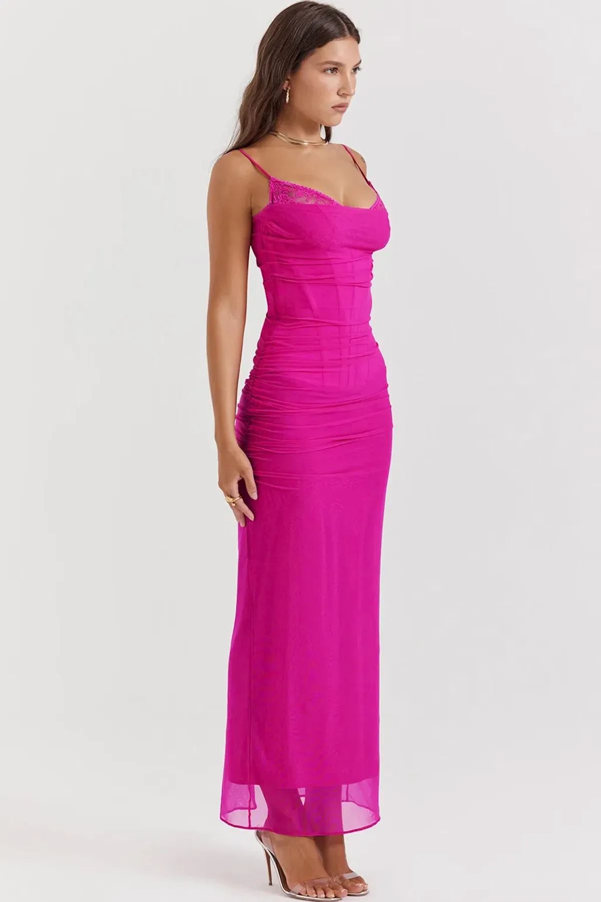 House of CB Nalini Fuchsia Hot Pink Lace Mesh Maxi Dress in Size 6/XS - Image 2