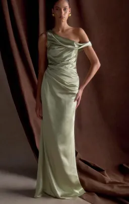 Meshki Dalia Off Shoulder Satin Maxi Dress Maxi Sage Size 8/S for rent on The Volte - image 1