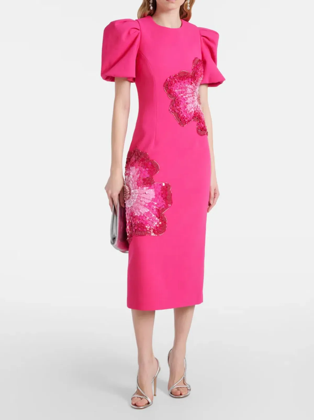 Rebecca Vallance Layana Puff-Sleeve Embellished Midi Dress in Pink Size 10 - Image 1