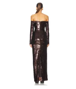 Self-portrait Sequin Off-shoulder Maxi Dress In Brown Size 14  for rent on The Volte - image 4
