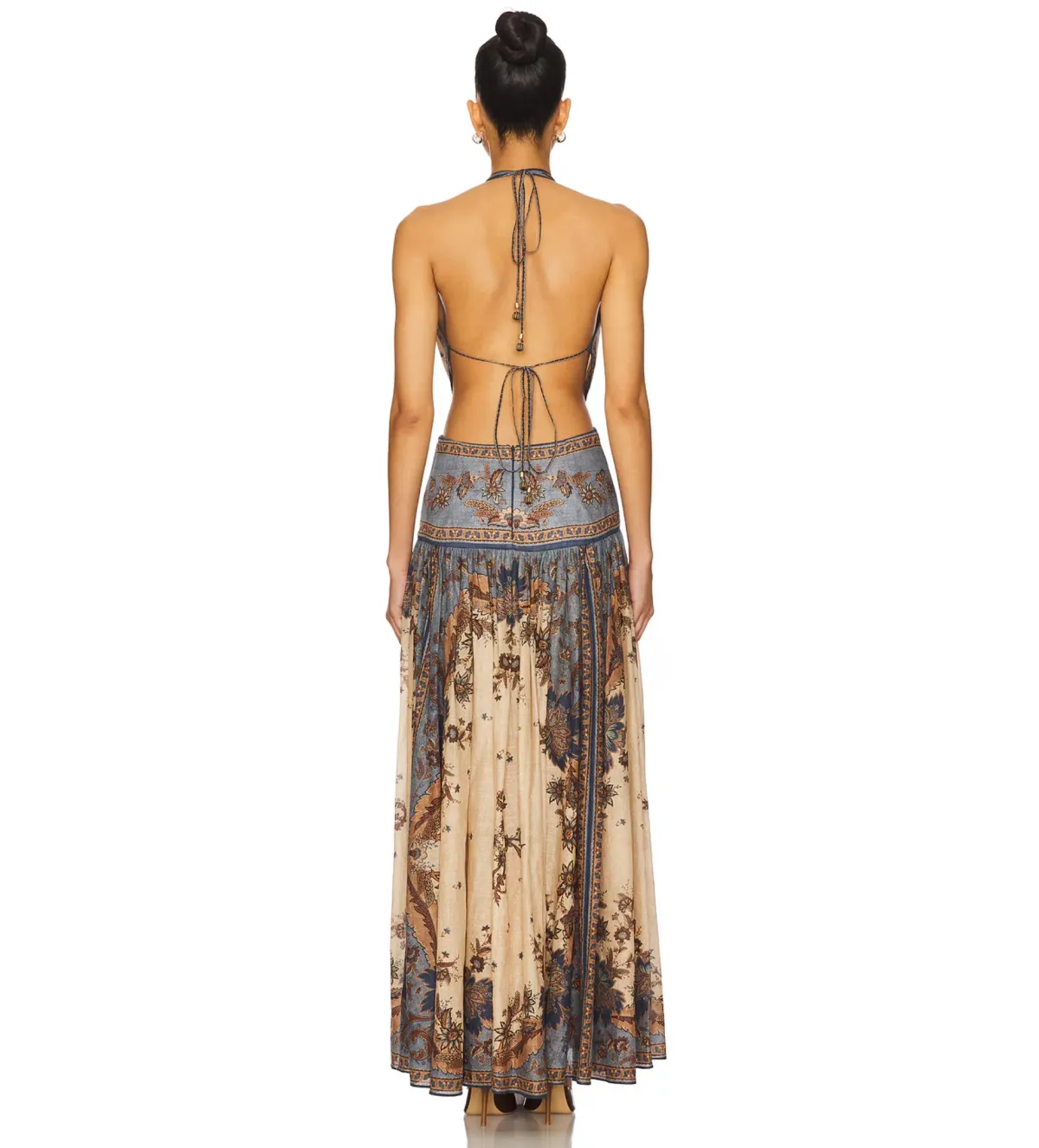 Zimmermann Ascension Plunge Halter Maxi Dress in Blue & Cream Indienne Floral Size 1/ AU 10 - Image 3