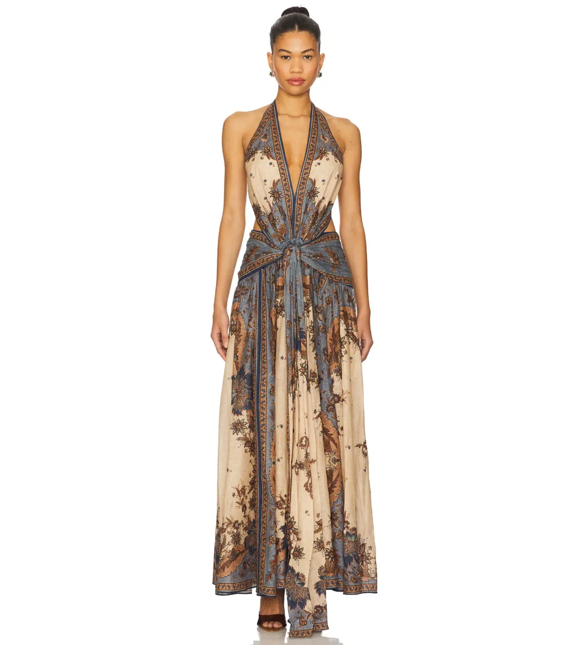 Zimmermann Ascension Plunge Halter Maxi Dress in Blue & Cream Indienne Floral Size 1/ AU 10 - Image 1
