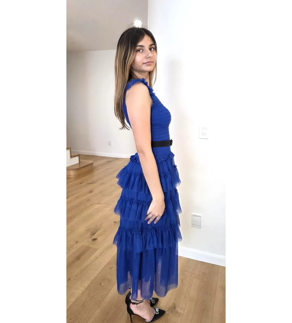 ME+EM Ethereal Tulle Shirred Midi Dress Electric Blue Size AU 8 - Image 5
