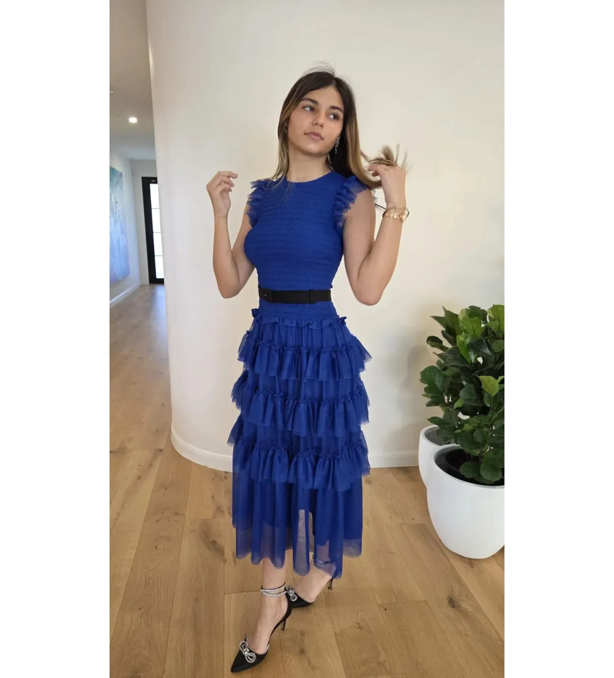 ME+EM Ethereal Tulle Shirred Midi Dress Electric Blue Size AU 8 - Image 4