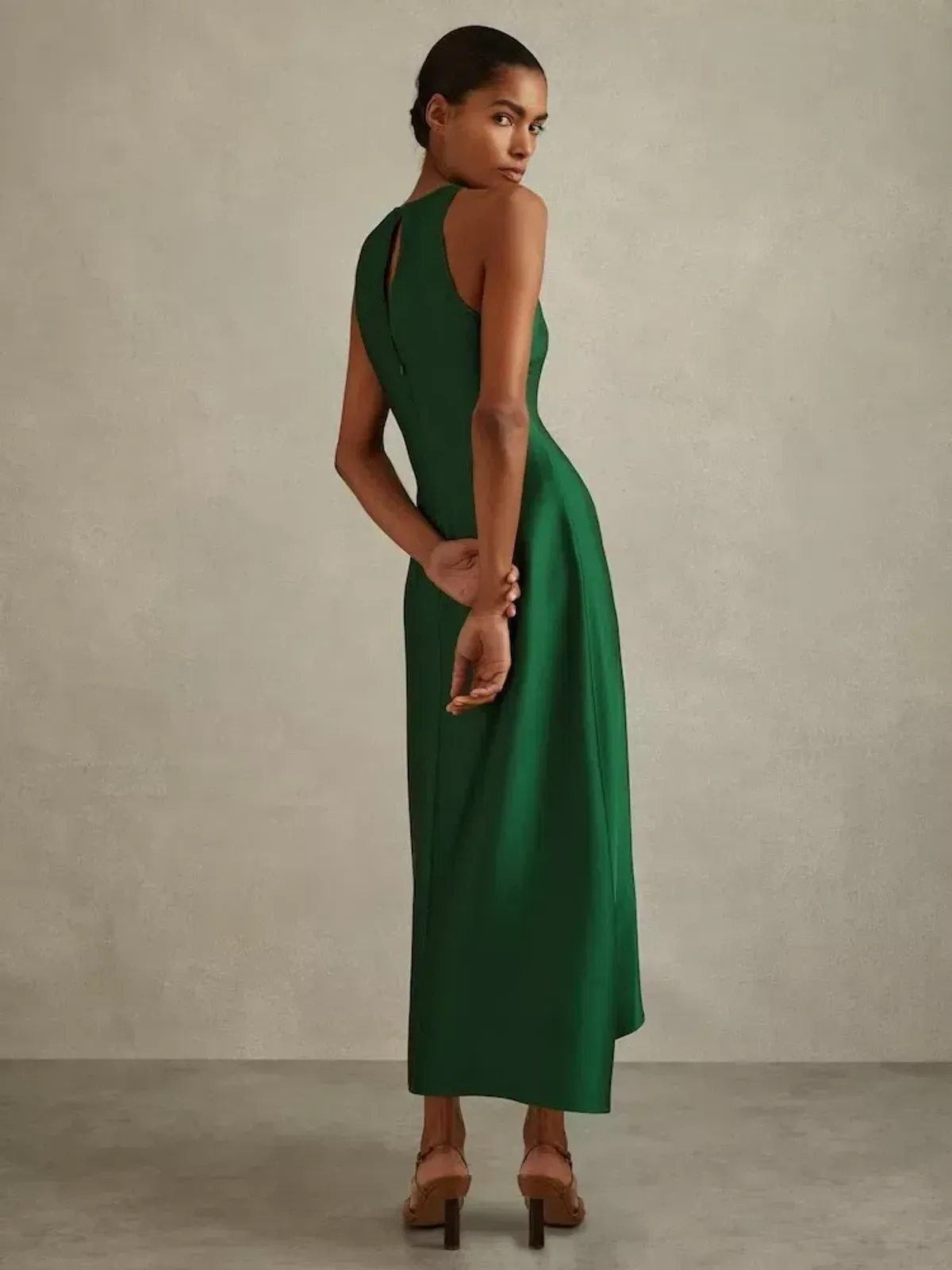 Reiss Micah Satin Drape Tuck Midi Dress In Green Size AU 10 - Image 2