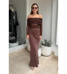BENNI Yasmin Off-Shoulder Maxi Dress Chocolate Size AU 6 for rent on The Volte - image 1