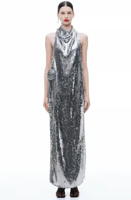 Magda Butrym H&M Sequin Rose Appliqué Maxi Dress in Silver Size XL AU 12 for rent on The Volte - image 1