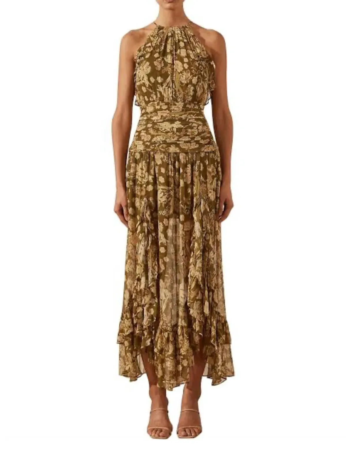 Shona Joy Rosaline Ruched Split Maxi Dress in Brown Floral Print Size AU 10 - Image 1