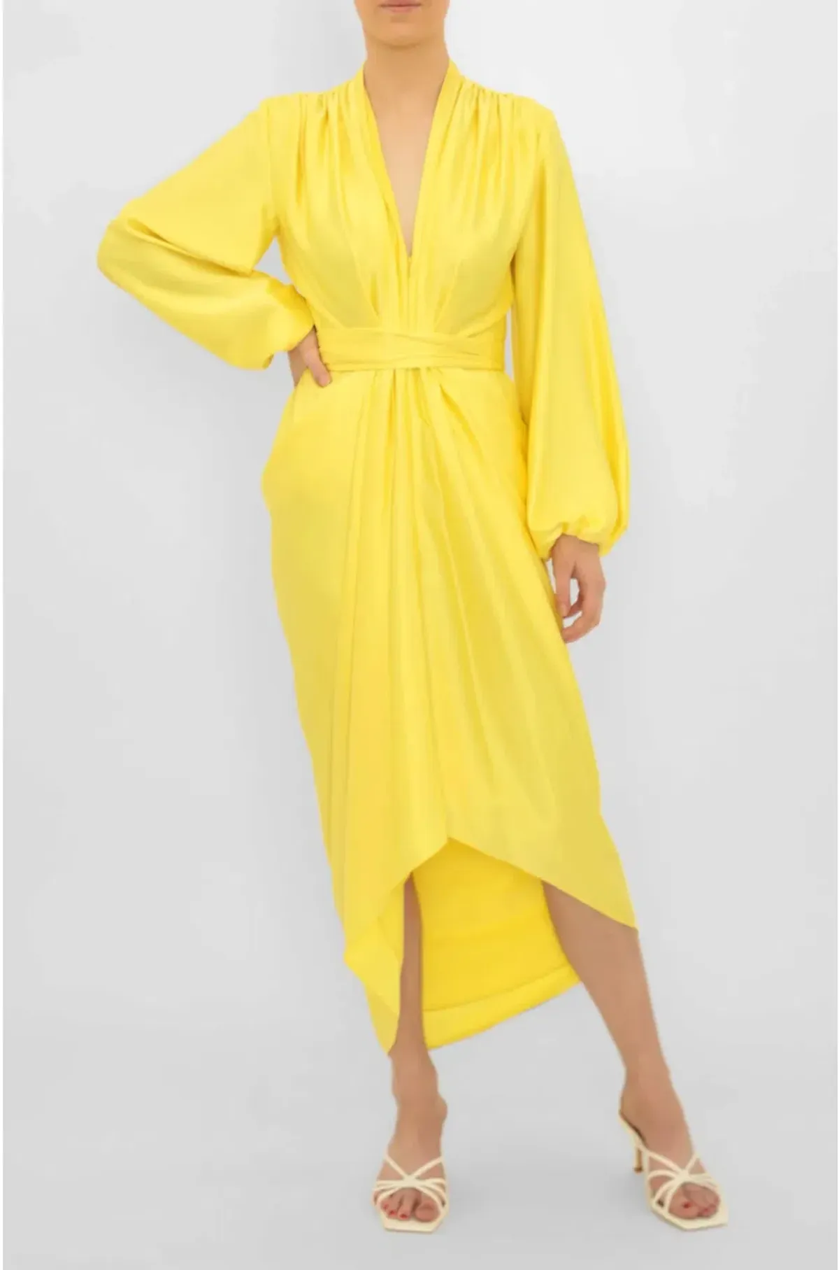 Carla Zampatti V-Neck Waterfall Midi Dress Yellow Size 10 - Image 1