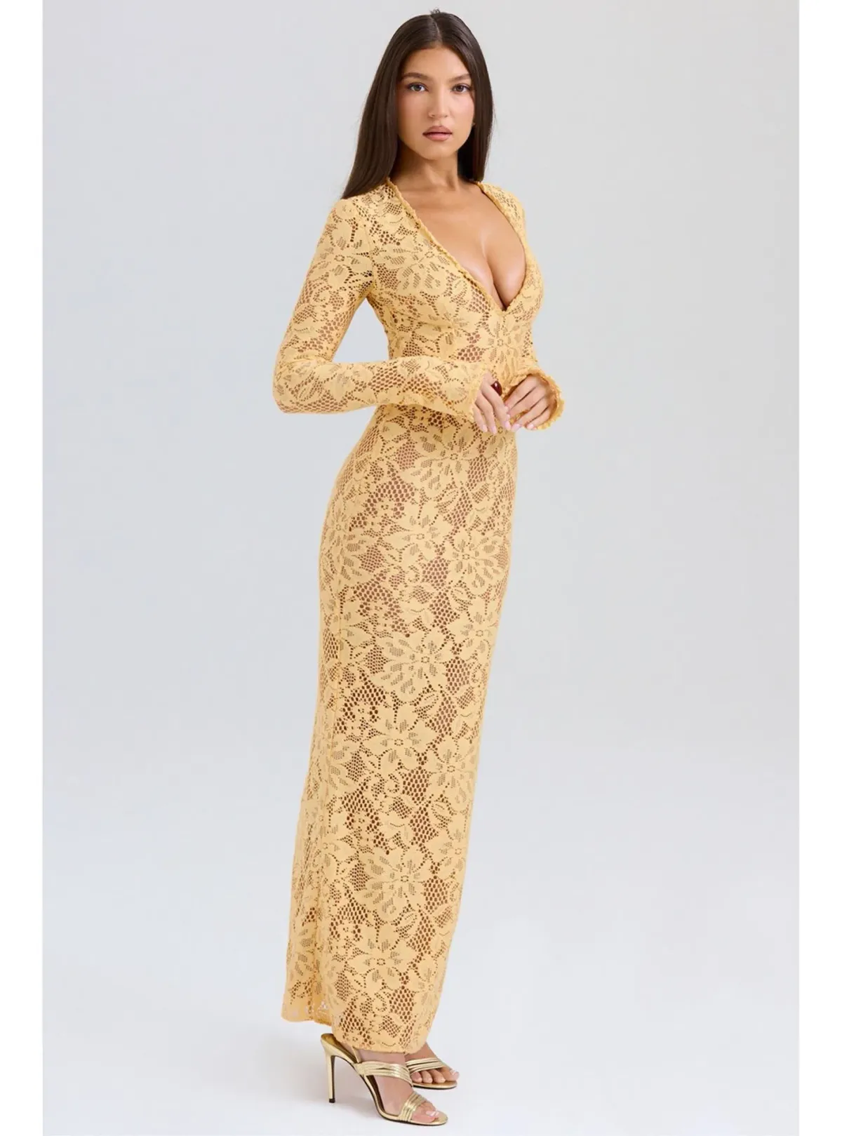House of CB Indiana Plunge Lace Maxi Dress Apricot Size M / AU 10 - Image 1
