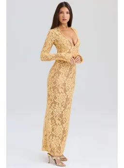 House of CB Indiana Plunge Lace Maxi Dress Apricot Size M / AU 10 for rent on The Volte - image 1