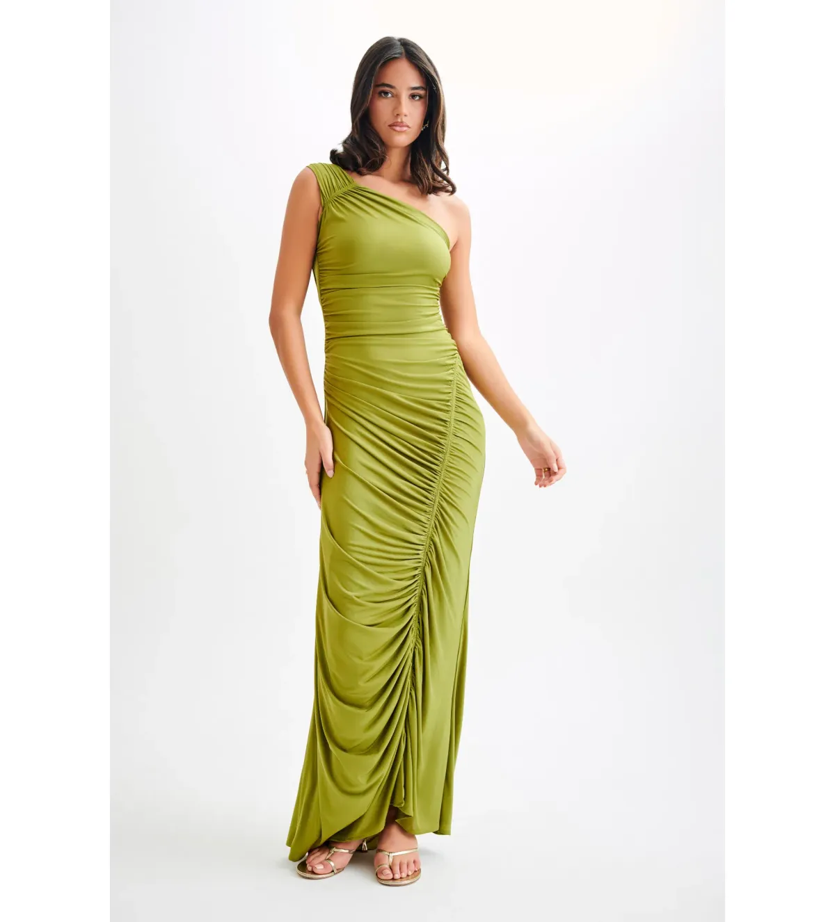 Meshki Capri Gathered Slinky Maxi Dress Vintage Olive Size 6/XS - Image 2