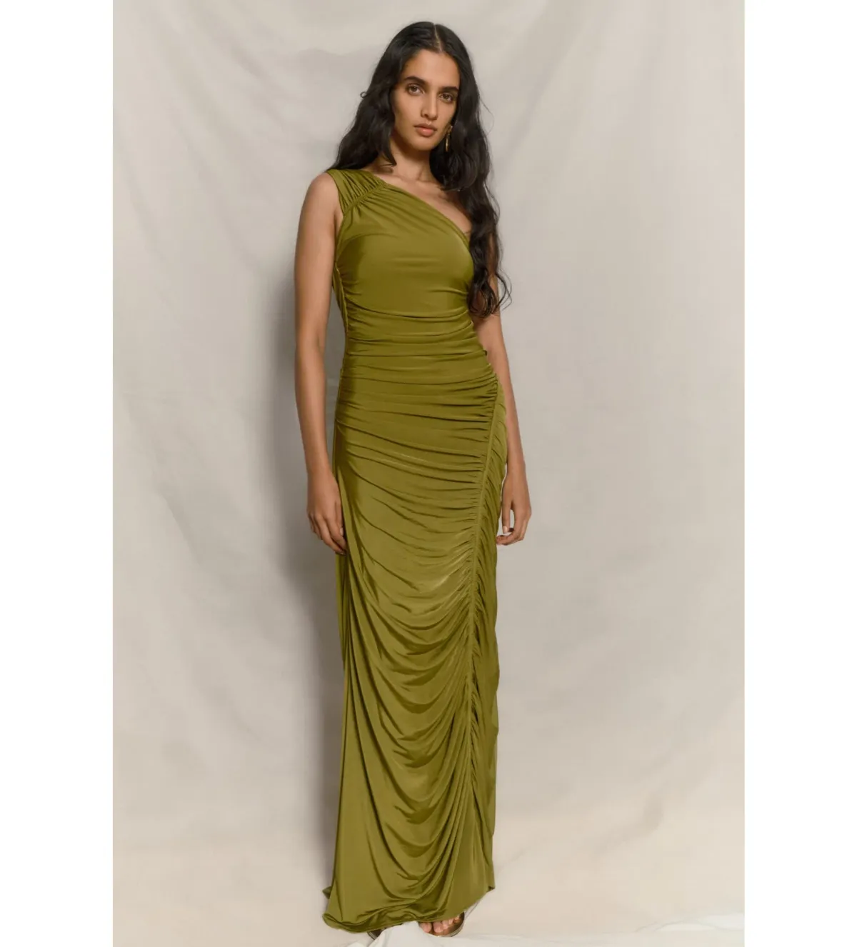 Meshki Capri Gathered Slinky Maxi Dress Vintage Olive Size 6/XS - Image 1