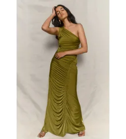 Meshki Capri Gathered Slinky Maxi Dress Vintage Olive Size 6/XS for rent on The Volte - image 3