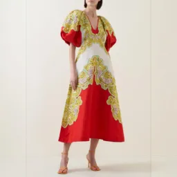 ALEMAIS Sierra Midi Dress Red Multi Size AU 10  for rent on The Volte - image 1
