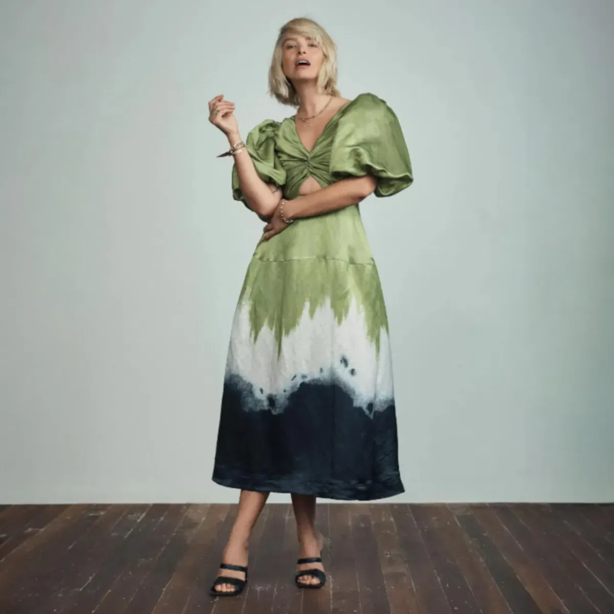 AJE Arcadian Puff Sleeve Knot Midi Dress Multi Size AU 6 - Image 1