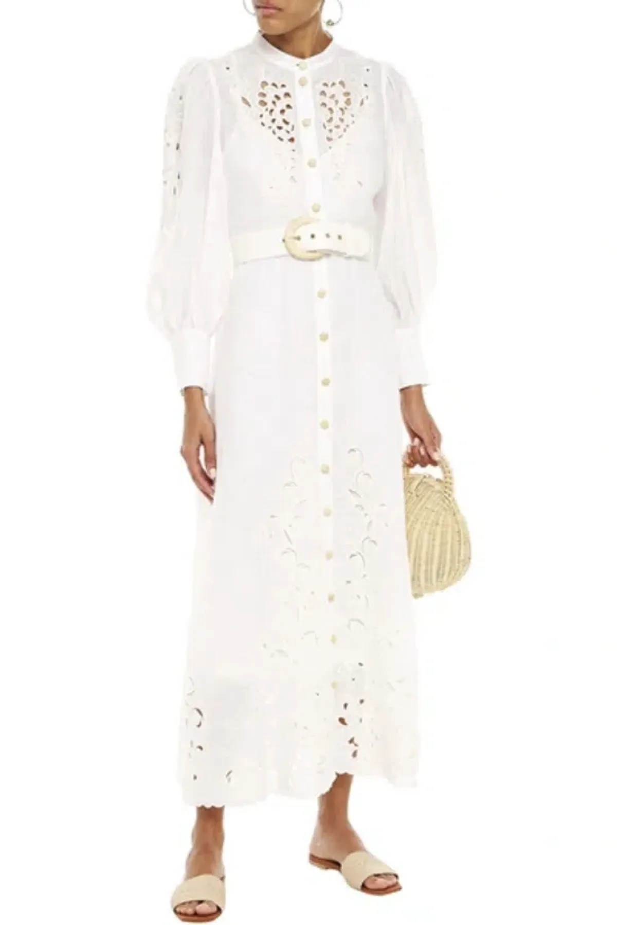 Zimmermann Peggy Belted Broderie Midi Dress White Size AU 12 - Image 1