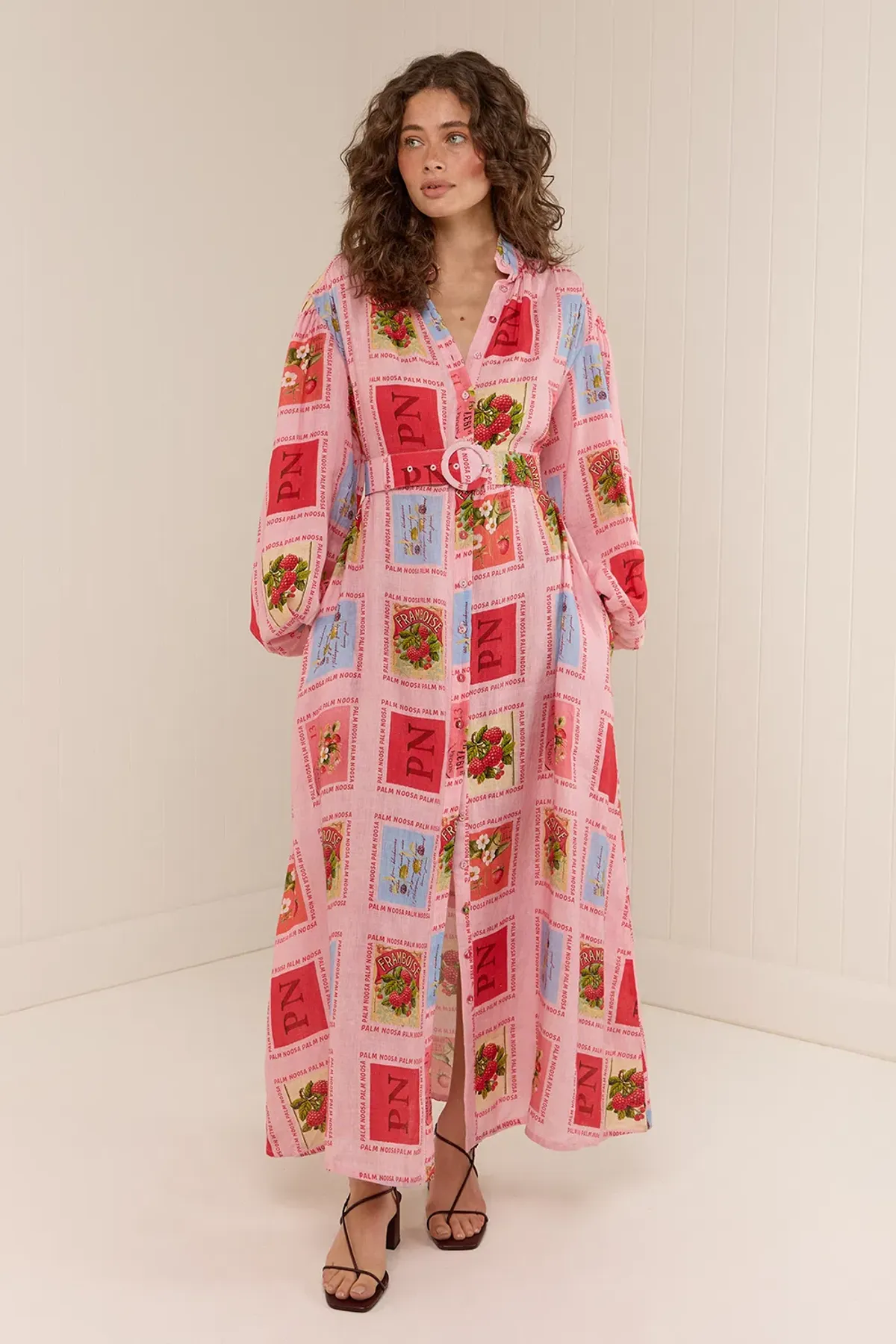 Palm Noosa Noddy Shirt Maxi Dress in Strawberry Stamp Print Size AU 10  - Image 1
