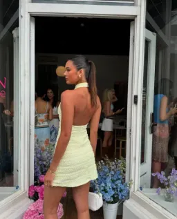 With Harper Lu Textured Halter Mini Dress in Lemon Yellow Size 8 for rent on The Volte - image 4